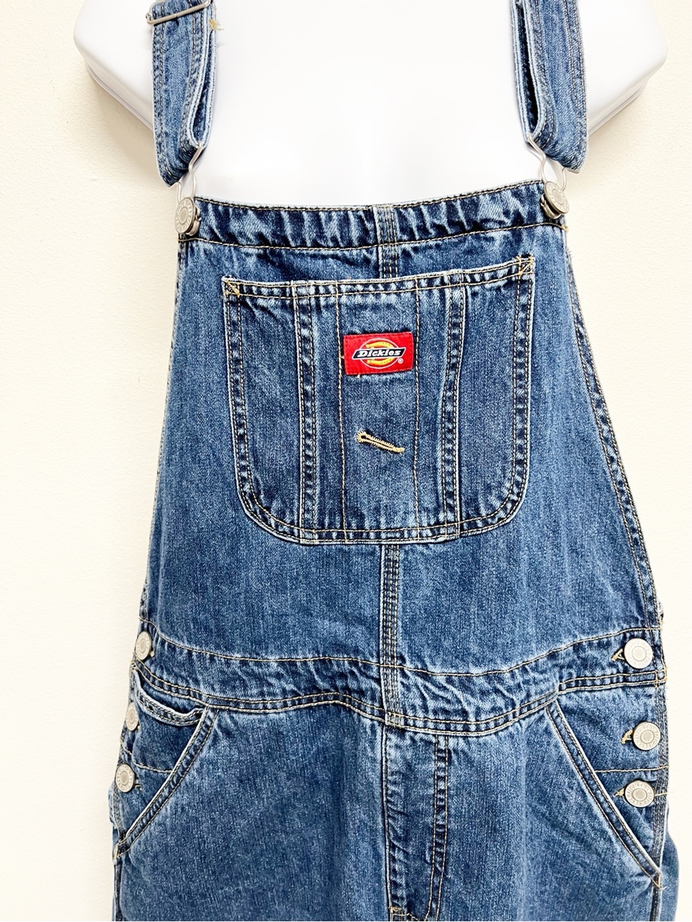 Dickies Womens Medium Wash Classic Denim Roll Hem Shortall Size Large - Picture 5 of 8